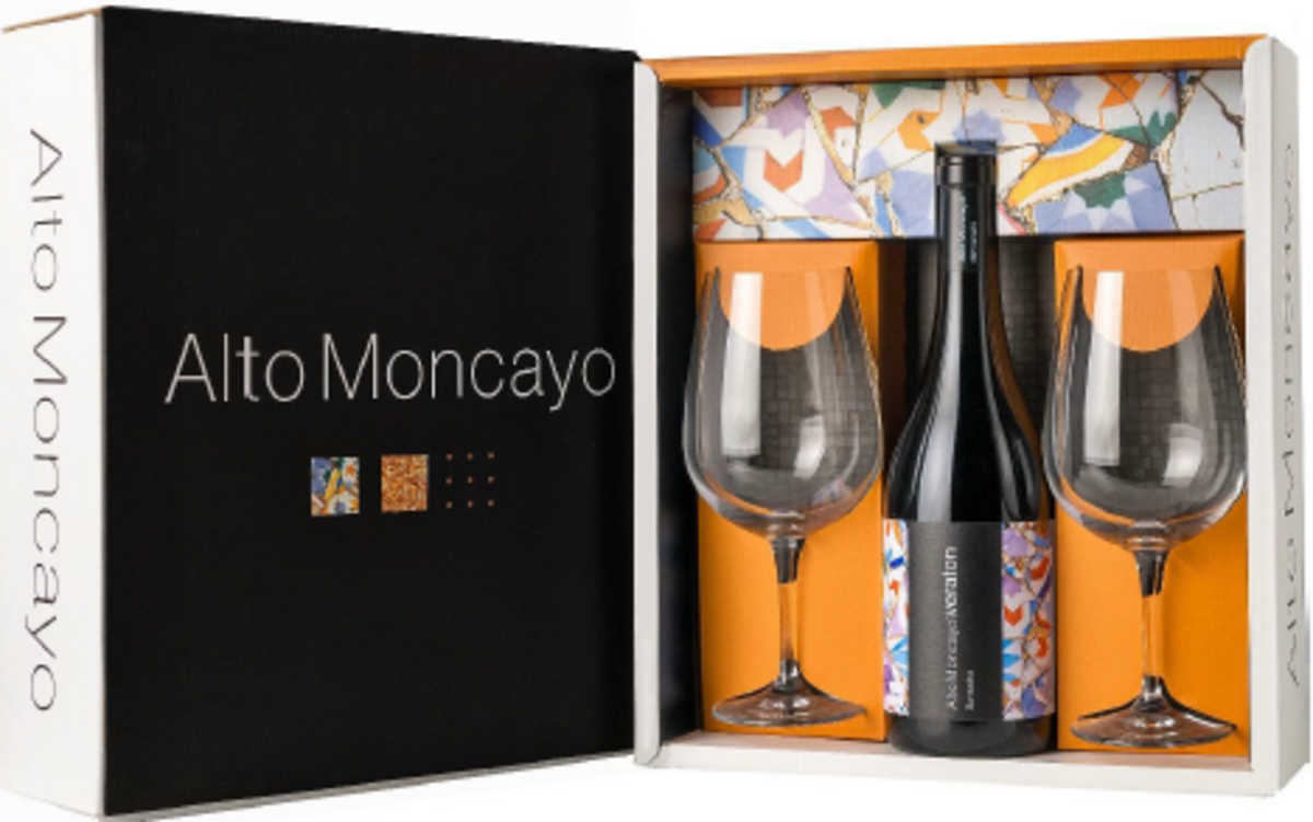 Bodegas Alto Moncayo Campo de Borja D.O. Veraton Geschenkpaket mit Gläsern 2022 Rotwein 75 cl im Geschenkkarton / 16 % Spanien – Flasche