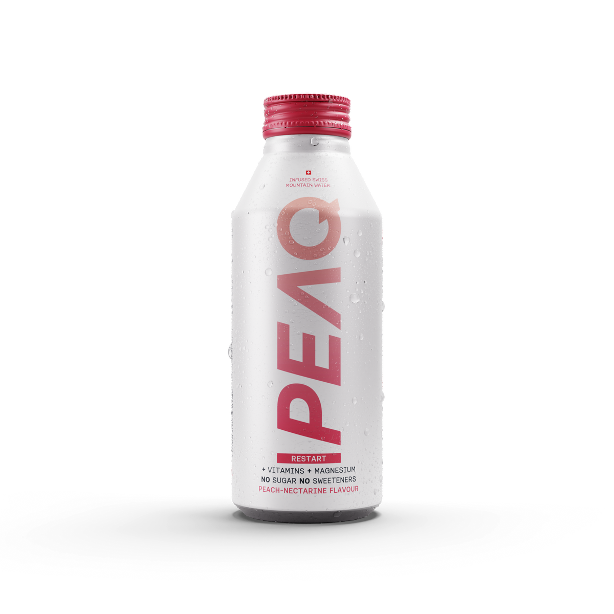 PEAQ RESTART Peach-Nectarine Swiss Performance Water 473 ml Einzelflasche – Frontansicht