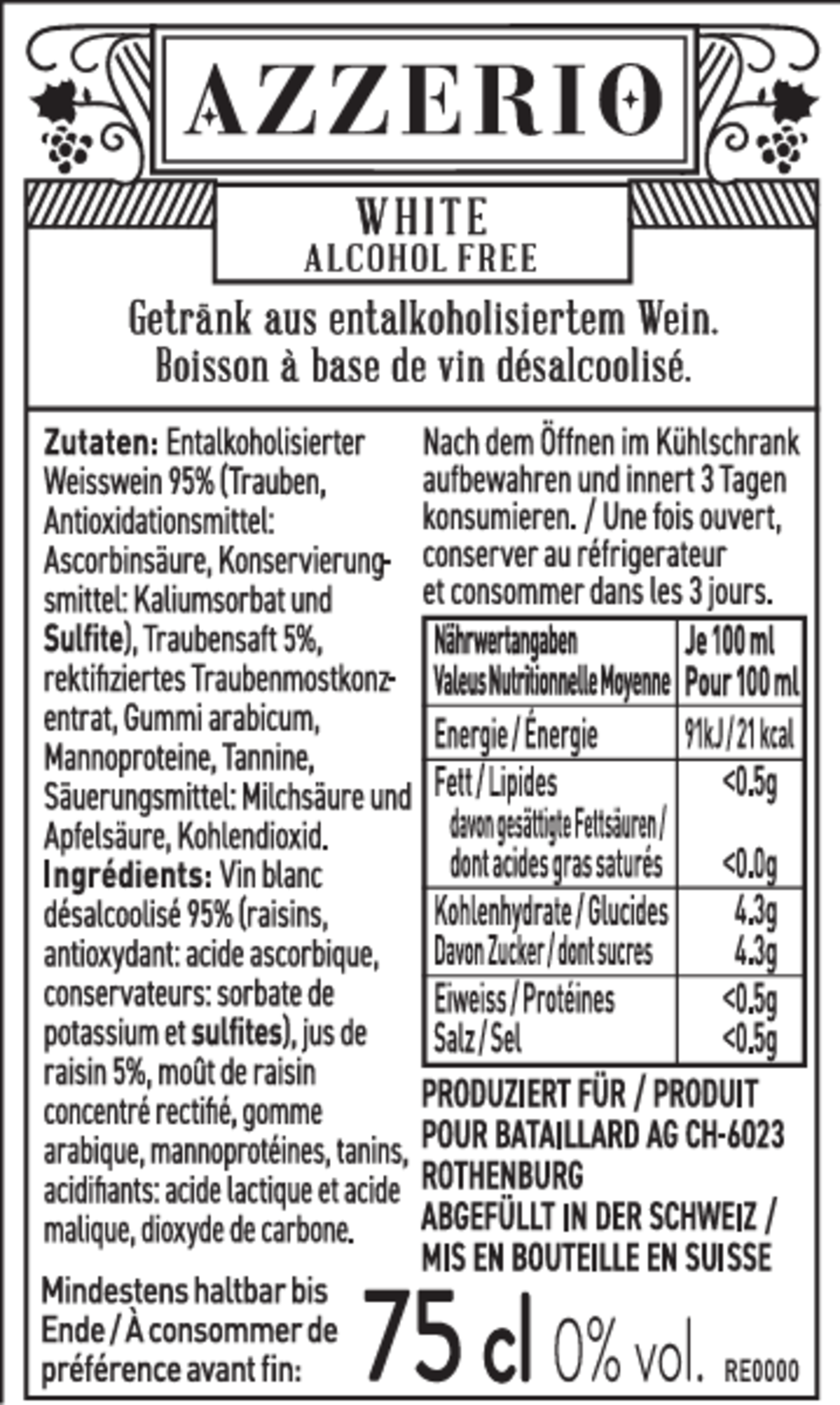 AZZERIO Still White 0% alkoholfrei Kiste 6 x 75 cl Deutschland – Flasche