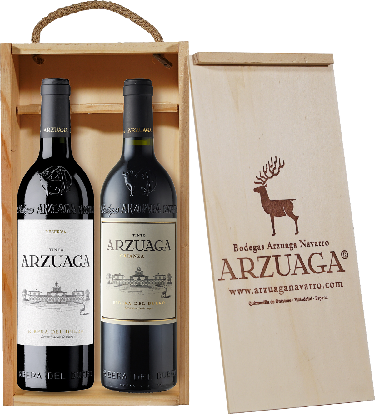 Bodegas Arzuaga Ribera del Duero D.O. Arzuaga Duo Rotwein Geschenkset 2 x 75 cl in Holzkiste Spanien – Flasche
