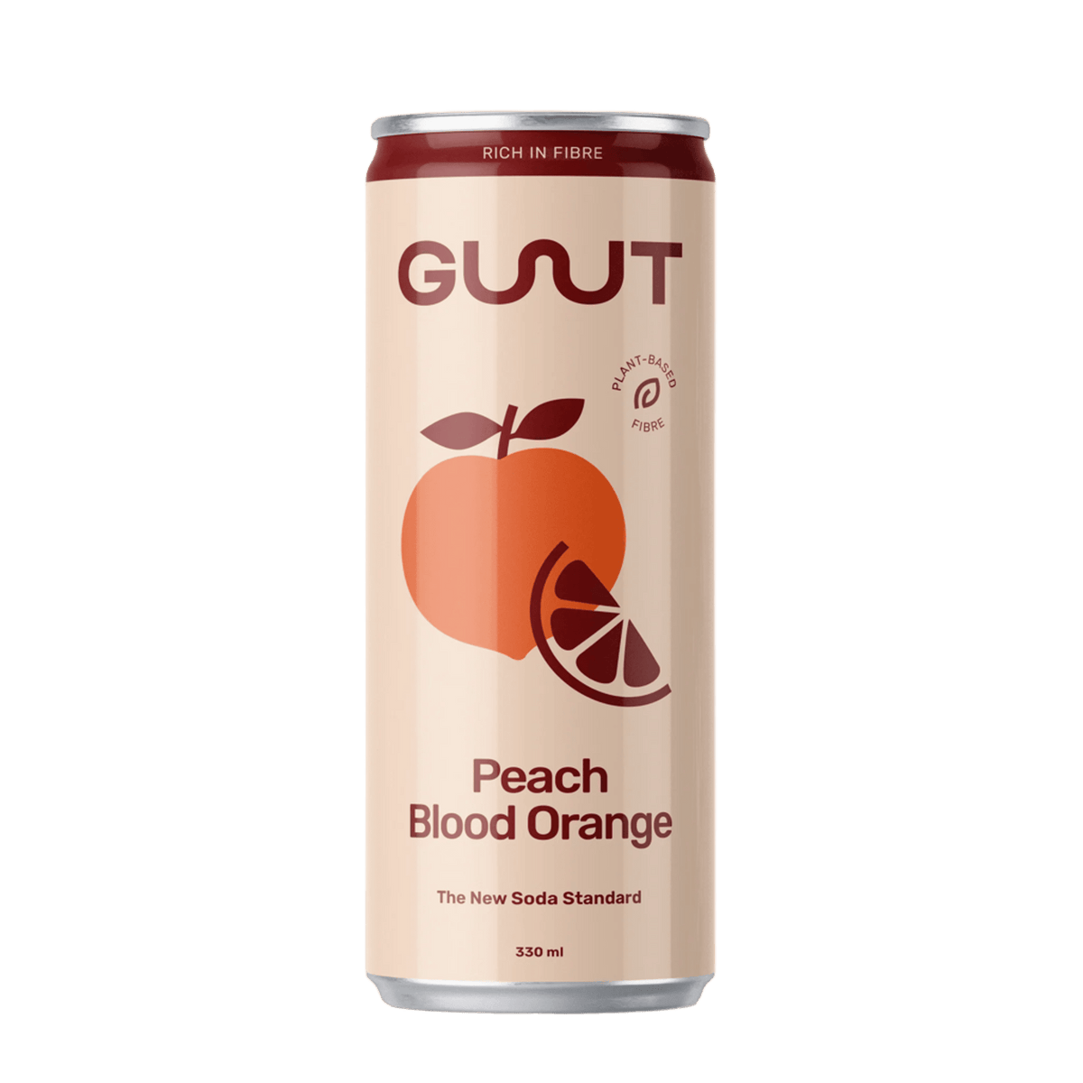 GUUT Prebiotic Soda Pfirsich Blutorange Kiste 24 x 330 ml Schweiz – Vorderansicht