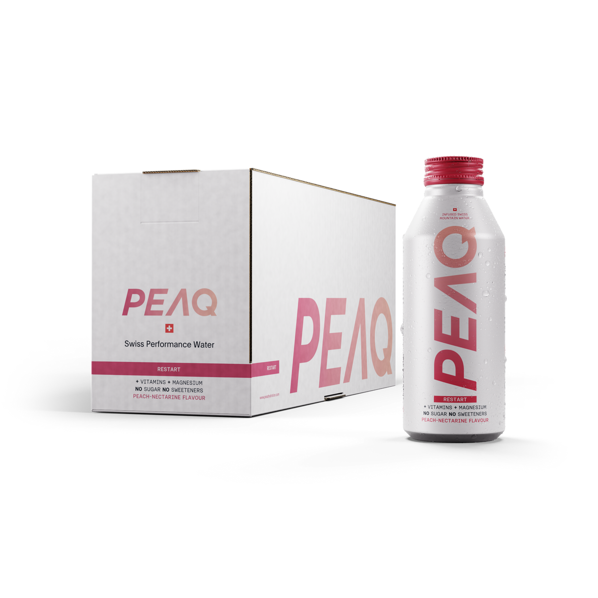 PEAQ RESTART Peach-Nectarine Swiss Performance Water Kiste 12 x 473 ml Schweiz – Ansicht Gebinde