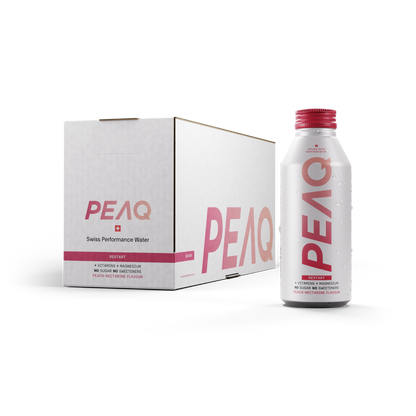 PEAQ RESTART Peach-Nectarine Swiss Performance Water Kiste 12 x 473 ml Schweiz – Ansicht Gebinde