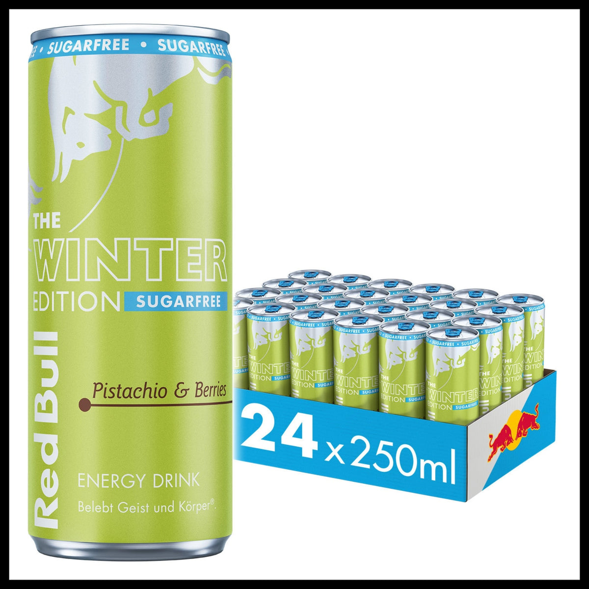 Red Bull Winter 26 Edition SUGARFREE Pistazie & Beeren Energy Drink Kiste 24 x 250 ml Schweiz – Produktansicht